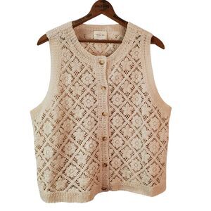 SEZANE Paris Ron Top Women's XL Ecru Crochet Cotton Button Up Vest Guipure Boho